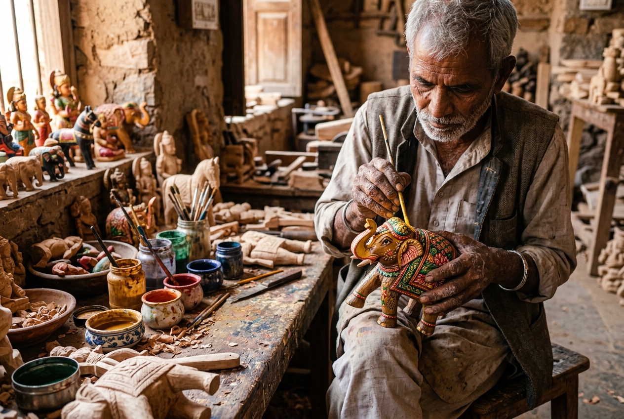 A traditional artisan handcrafting wooden toys and heritage art items