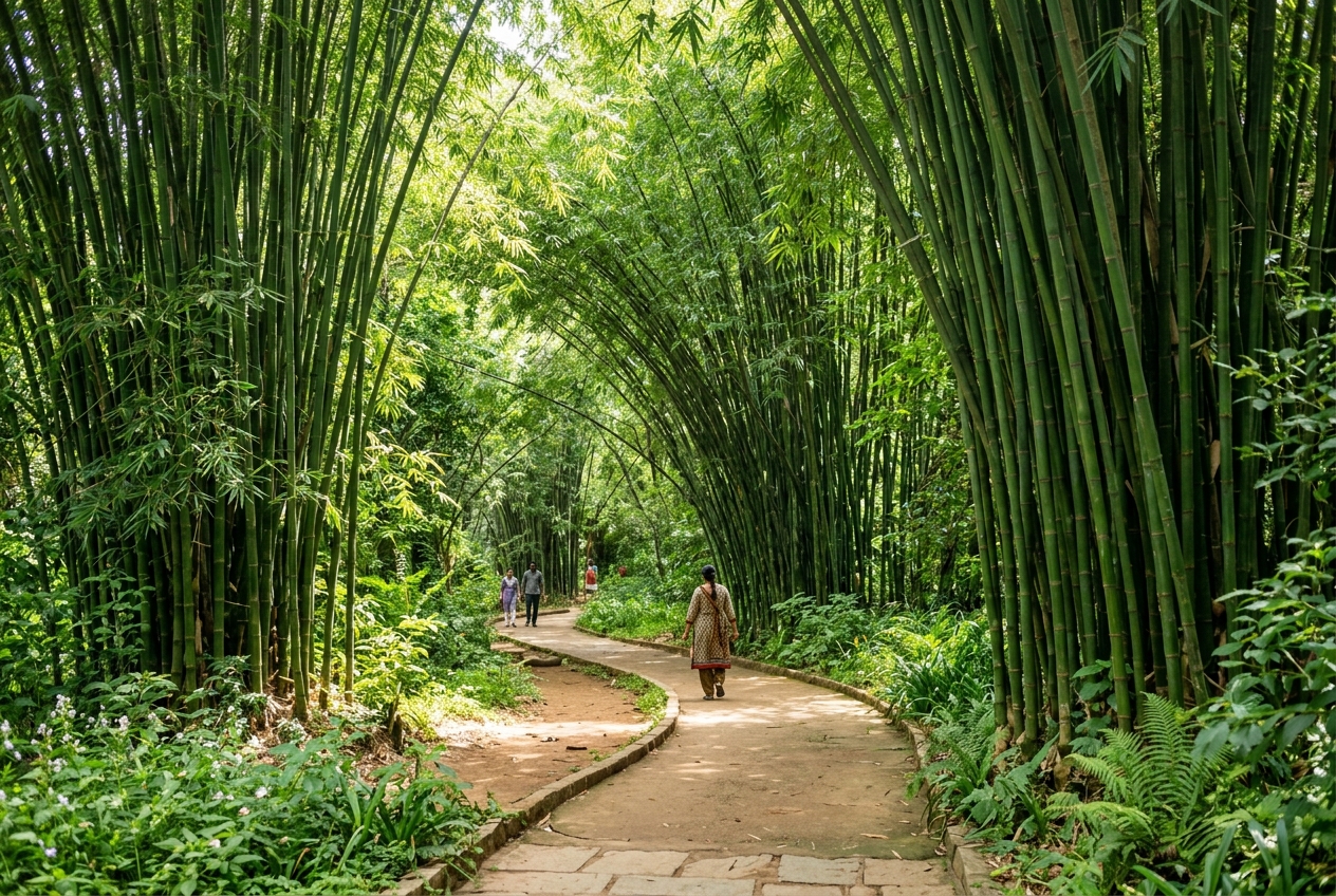 A scenic path winding under massive green bamboo groves in Bengaluru