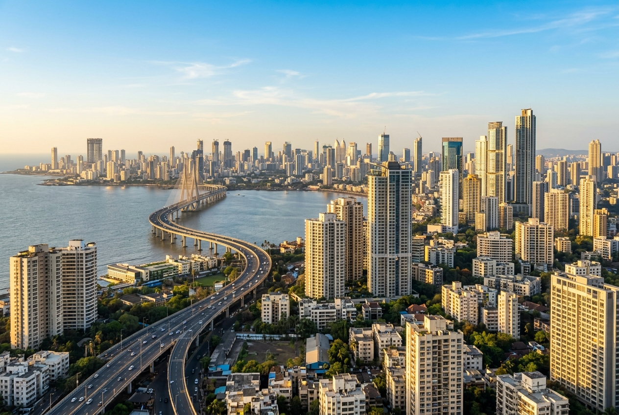 A sprawling modern skyline of a major Indian city showing rapid urban development