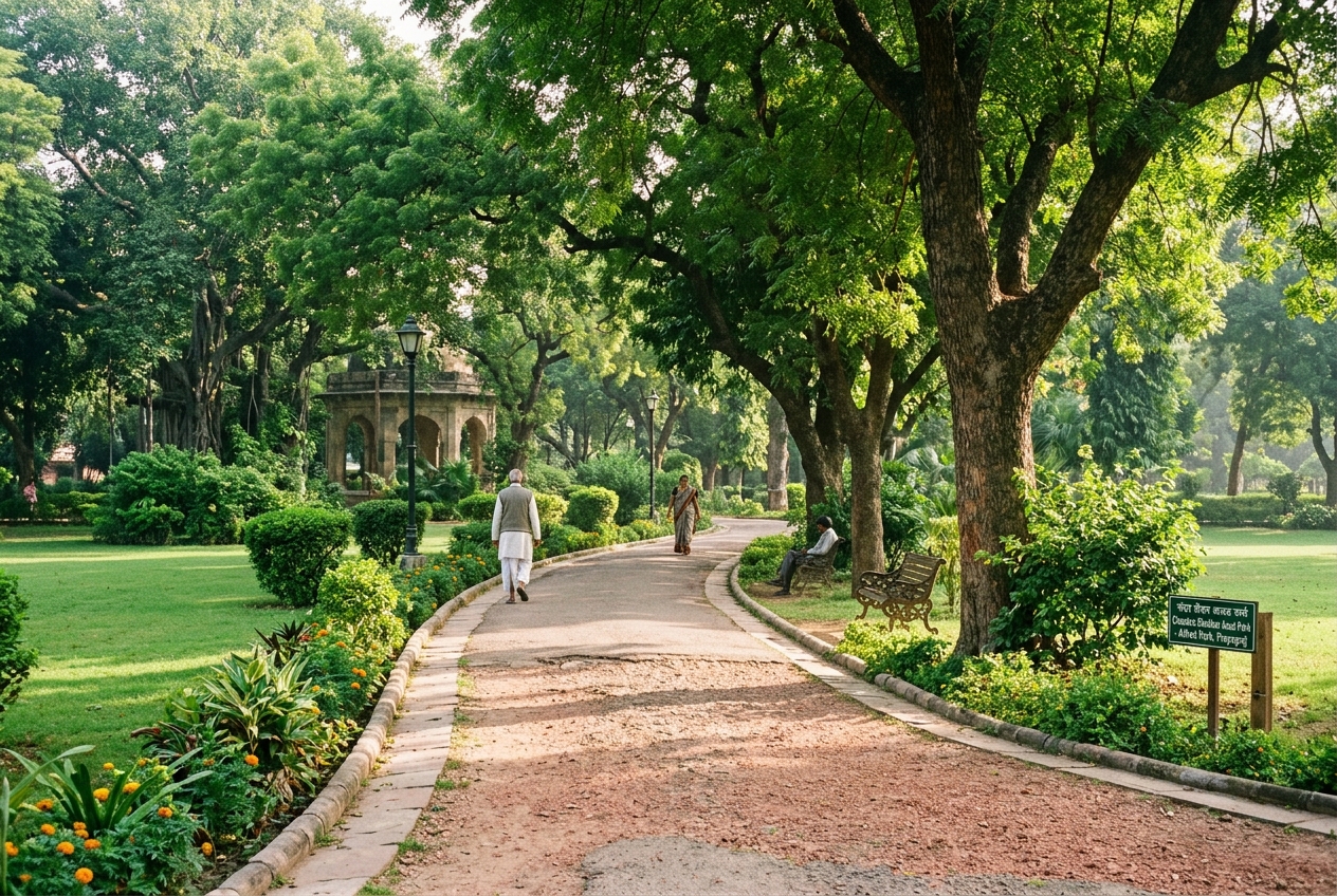 A quiet walking path surrounded by green trees inside Alfred Park