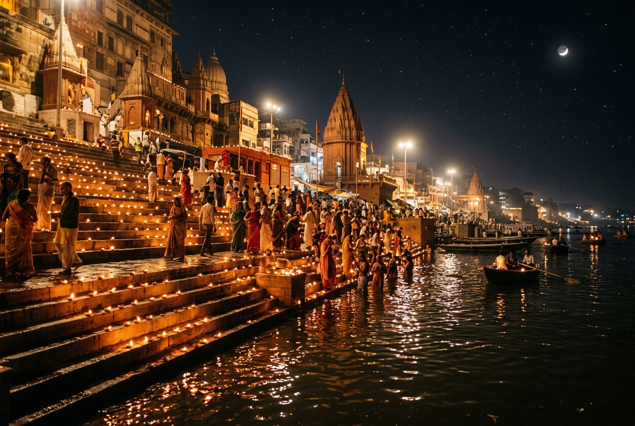 Iconic stone steps of ghats lined with lamps